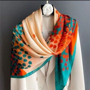 TURQUOISE silky orange bright happy leaf scarf